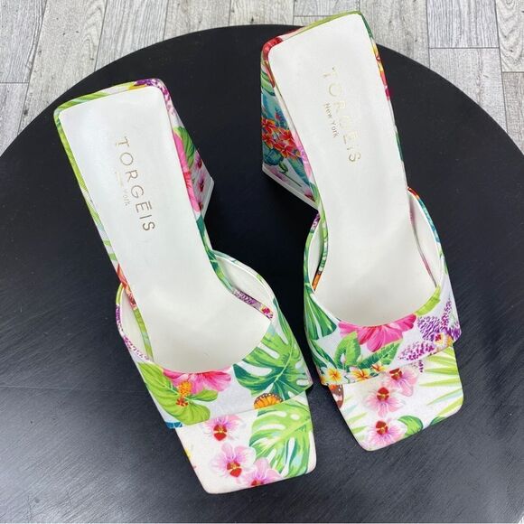 Torgeis Paradise Tropical Floral Flare Heel Mule Sandals White Multi 6.5 - Picture 7 of 11